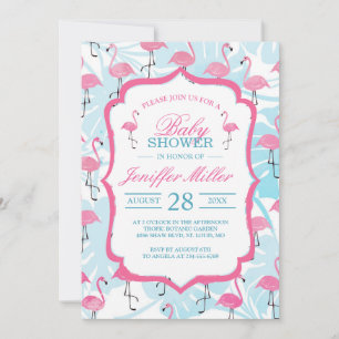 Graceful flamingos and monstera leaves invitation