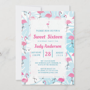 Graceful flamingos and monstera leaves invitation