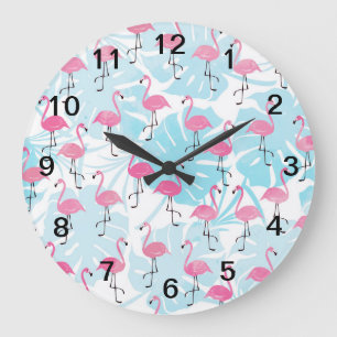 Graceful flamingos and monstera leaves large clock