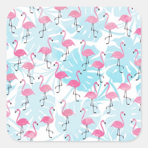 Graceful flamingos and monstera leaves square sticker