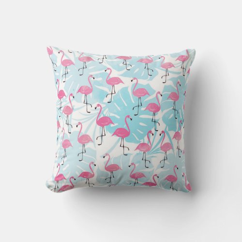 Graceful flamingos and monstera leaves throw pillow