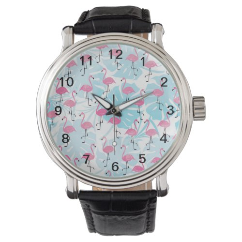 Graceful flamingos and monstera leaves watch