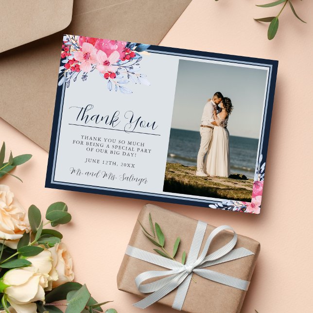 Graceful Floral Pink and Dusty Blue Thank You Card (Creator Uploaded)