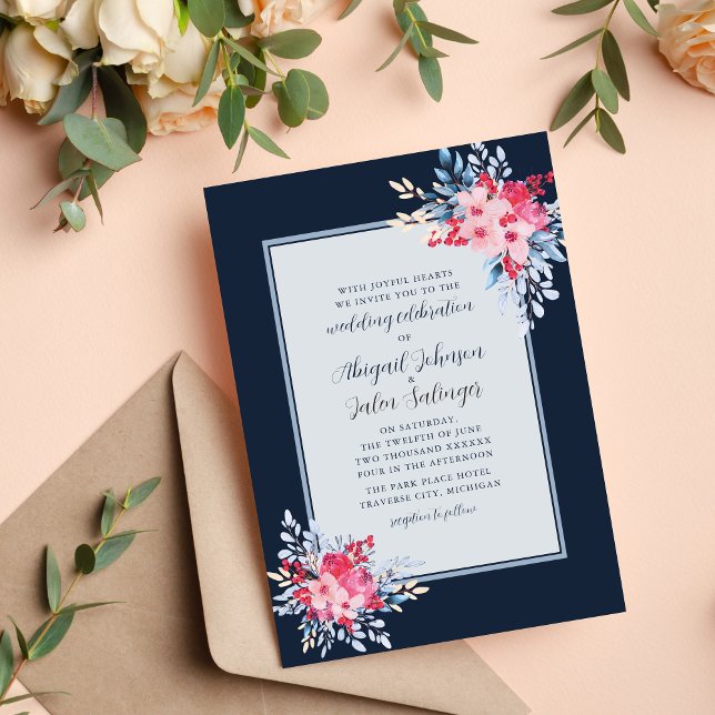 Graceful Floral Pink and Dusty Blue Wedding Invitation (Creator Uploaded)