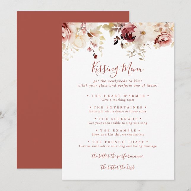 Graceful Floral Wedding Kissing Menu Game Card (Front/Back)