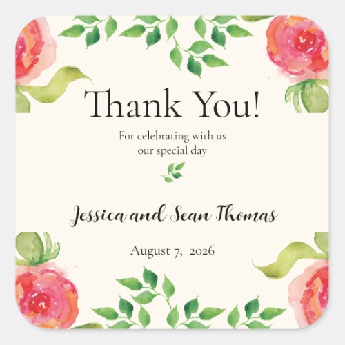 Graceful Floral Wedding Thank You Square Sticker