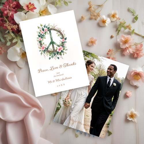 Graceful Floral Wood Peace Symbol Photo Wedding Thank You Card