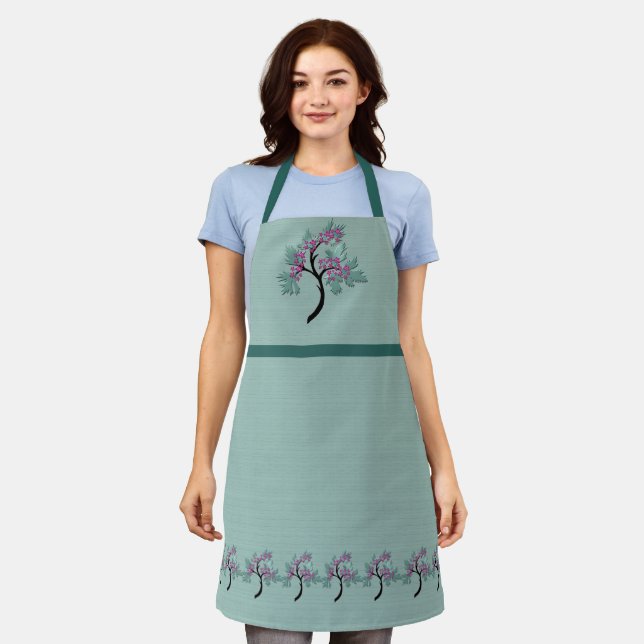 Graceful Flowering Tree Green + Plum  Apron (Worn)