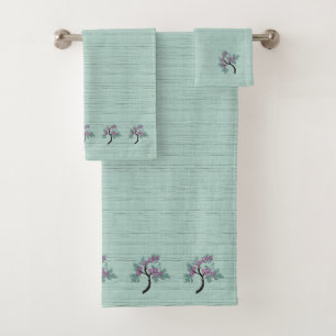 Graceful Flowering Tree Green + Plum Bath Towel Se