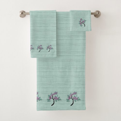 Graceful Flowering Tree Green  Plum Bath Towel Se