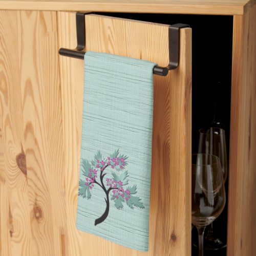 Graceful Flowering Tree Green  Plum Kitchen Towel