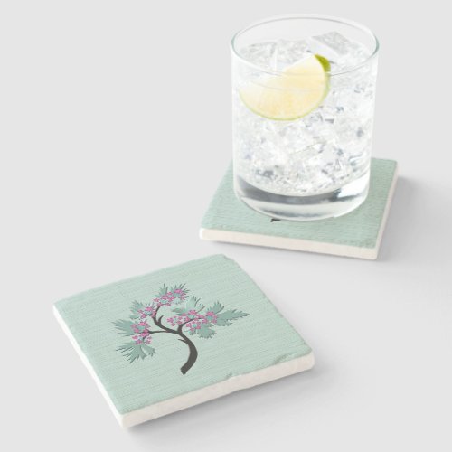 Graceful Flowering Tree Green  Plum Marble Stone Coaster