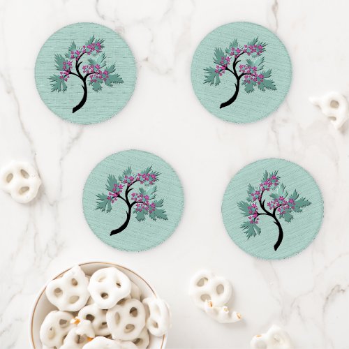 Graceful Flowering Tree Green  Plum Set of 4 Coaster Set