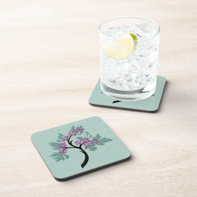 Graceful Flowering Tree Green + Plum Set of 6 Beverage Coaster (Right Side)