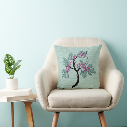 Graceful Flowering Tree Green  Plum Throw Pillow