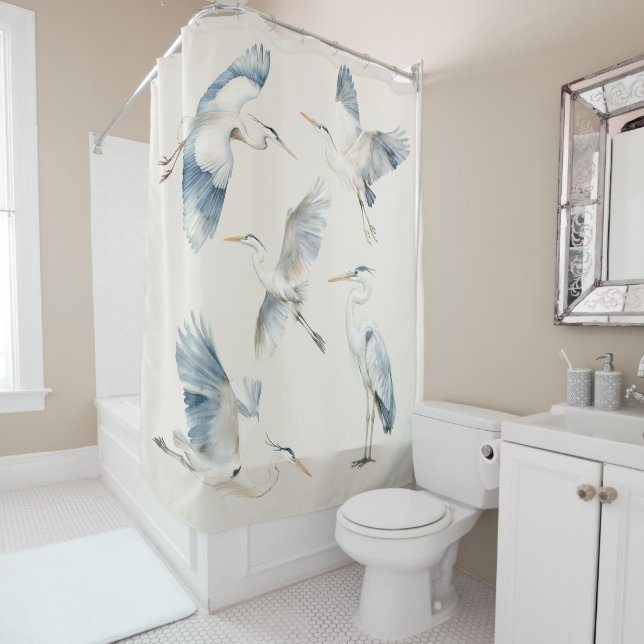 Graceful Flying Blue Herons Cream Shower Curtain (In Situ)