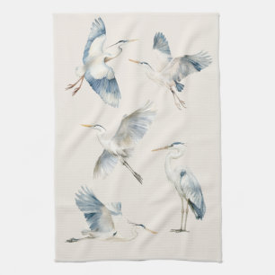 Graceful Flying Blue Herons Pattern Cream Kitchen Towel