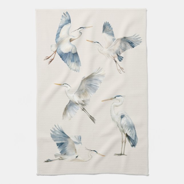 Graceful Flying Blue Herons Pattern Cream Kitchen Towel (Vertical)