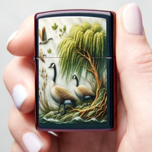 Graceful Geese in Willow Tree Greenery Zippo Lighter
