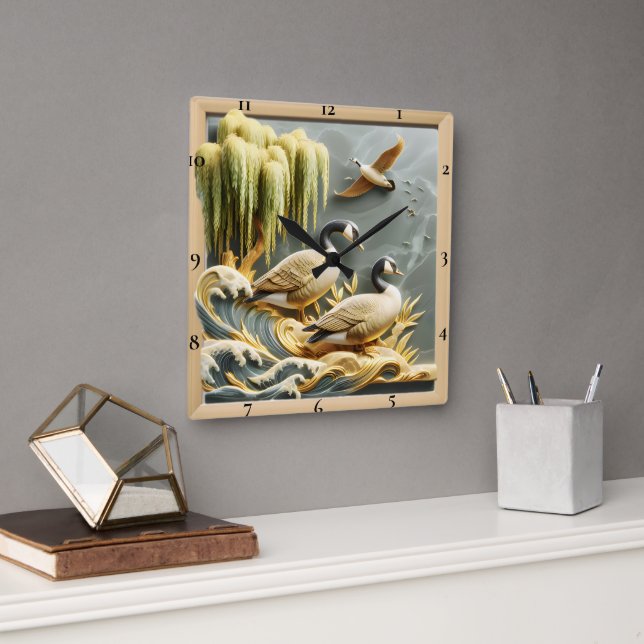 Graceful Geese Pond Square Wall Clock (Office)