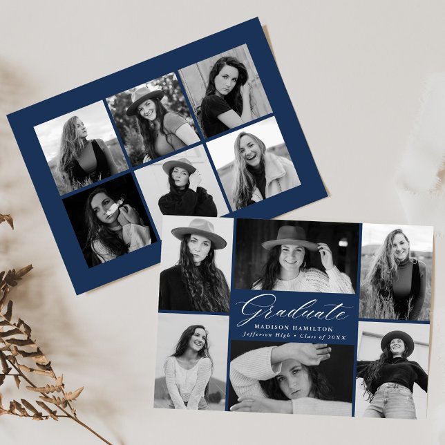 Graceful Grad Navy 12 Photo Collage Graduation Announcement (Creator Uploaded)