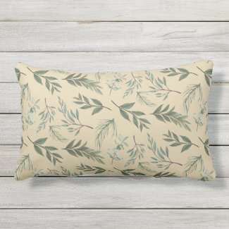 Graceful Green Leaves Khaki Outdoor Lumbar Pillow