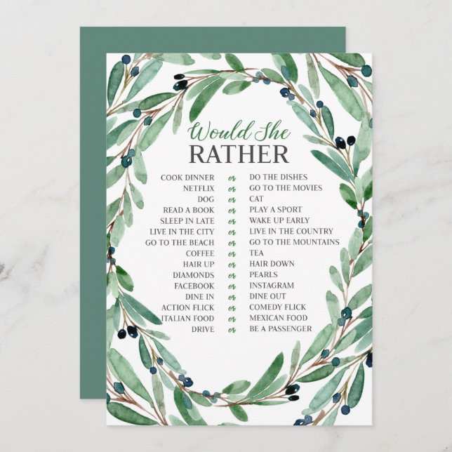 Graceful Greenery Bridal Would She Rather Card (Front/Back)
