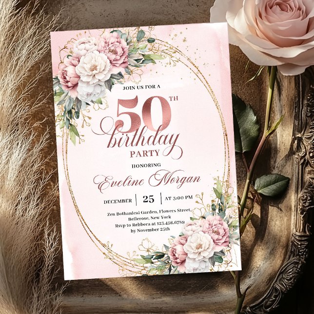Graceful Greenery Rose Gold 50th Birthday Party  Invitation (Graceful Greenery Rose Gold 50th Birthday Party Invite

)