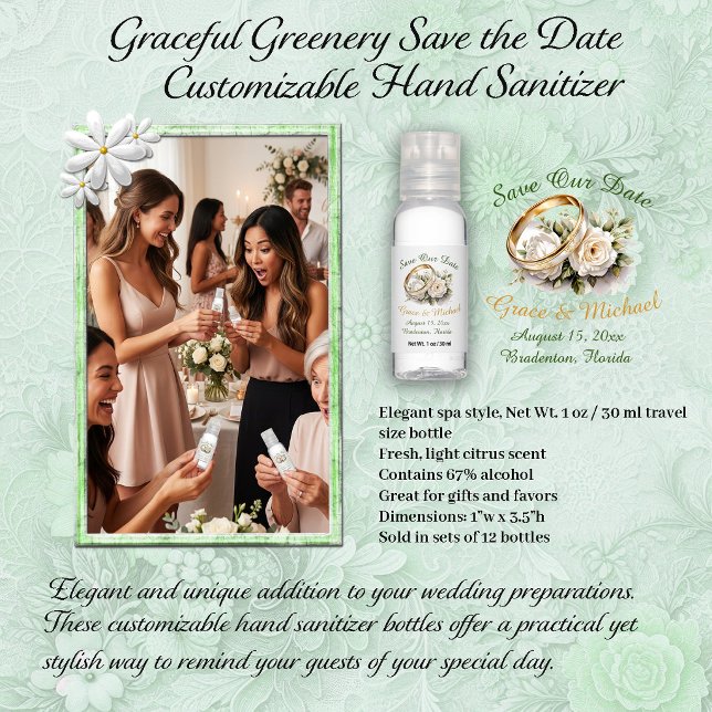 Graceful Greenery Wedding Save The Date Hand Sanitizer (Creator Uploaded)