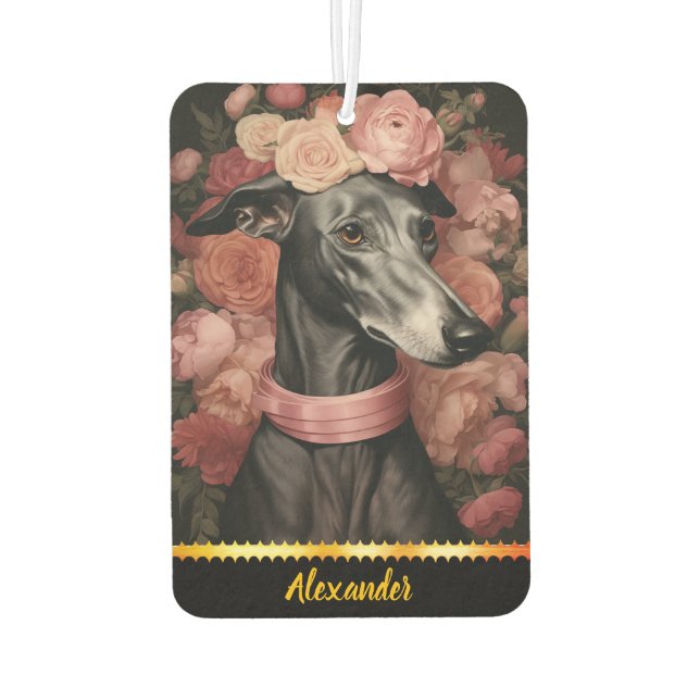Graceful greyhound surrounded by blooming roses air freshener (Back)