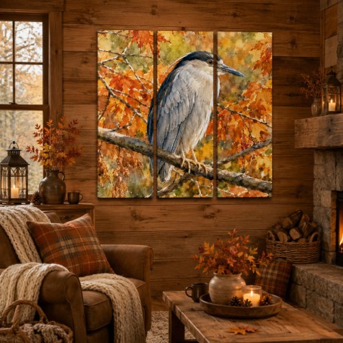 Graceful Heron perched on autumn leaves Triptych