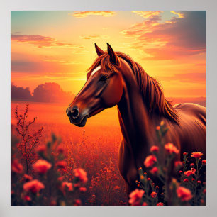 Graceful Horse Standing in a Vibrant Meadow at Sun Poster