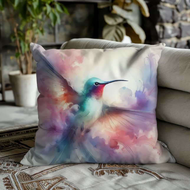 Graceful Hummingbird in Watercolor Throw Pillow (Creator Uploaded)