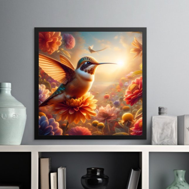 Graceful Hummingbird Soaring Above Blooming Flower Poster (Creator Uploaded)