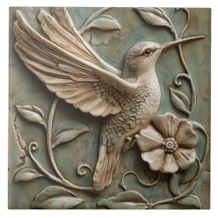 Graceful Hummingbird with Flower Faux Relief  Ceramic Tile