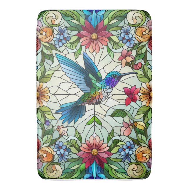 Graceful Hummingbird with Stained Glass Effect Bath Mat (Front Vertical)