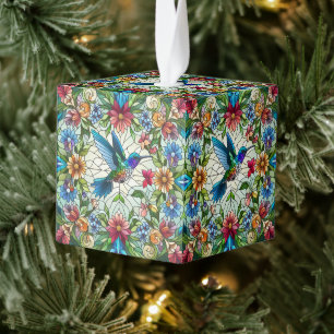 Graceful Hummingbird with Stained Glass Effect Cube Ornament