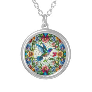 Graceful Hummingbird with Stained Glass Effect Silver Plated Necklace