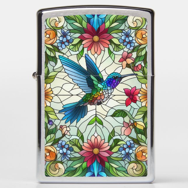 Graceful Hummingbird with Stained Glass Effect Zippo Lighter (Front)
