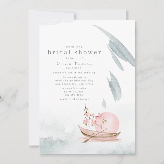 Graceful Japanese Boat in Moonlight Bridal Shower Invitation (Front)