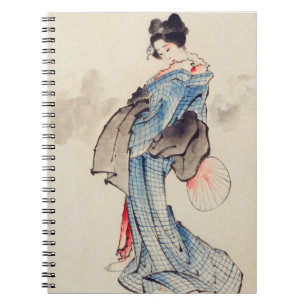 Graceful Japanese Woman in Blue Kimono Art Notebook