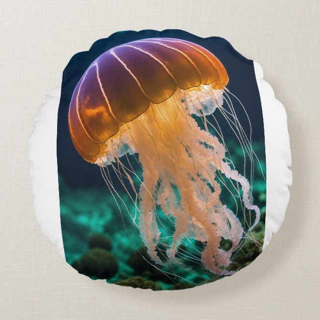 Graceful Jellyfish Drifting in the Deep Round Pillow (Front)