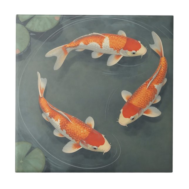 Graceful Koi Fish Pond Serenity Design Ceramic Tile (Front)