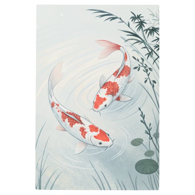"Graceful Koi: Serene Water Garden Illustration Metal Print (Front)