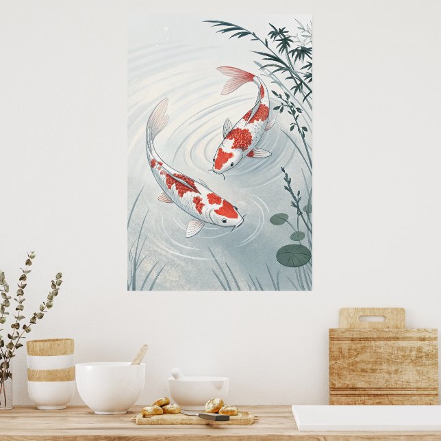 "Graceful Koi: Serene Water Garden Illustration Poster (Kitchen)