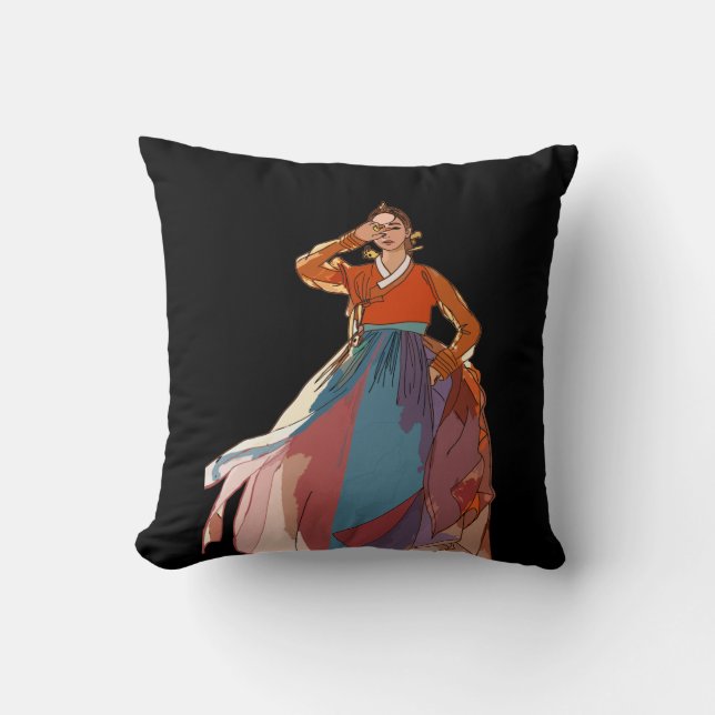 Graceful Korean Woman with Hanbok Throw Pillow (Front)
