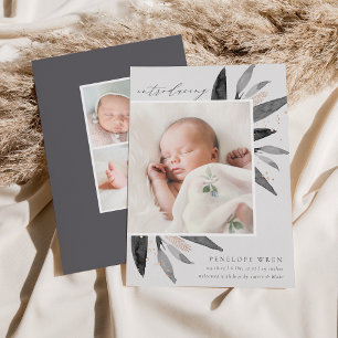 Graceful Leaves Rose Gold Foil Birth Announcement
