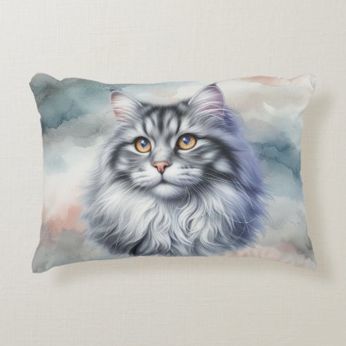 Graceful long haired cat in watercolor accent pillow