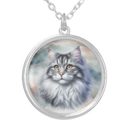 Graceful long haired cat in watercolor silver plated necklace