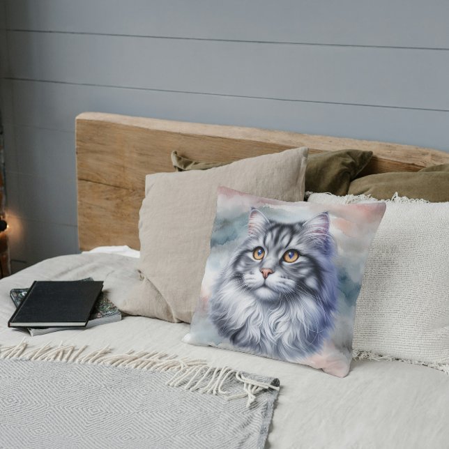 Graceful long haired cat in watercolor throw pillow (Creator Uploaded)